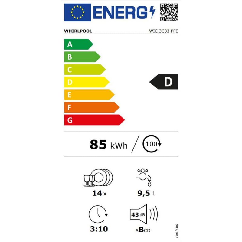 Ugradbena perilica posuđa Whirlpool WIC 3C33 PFE energetska naljepnica